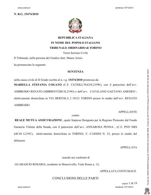 Tribunale di Torino Sez. III Civile, GU Arisio, sentenza 8 ... - UNARCA