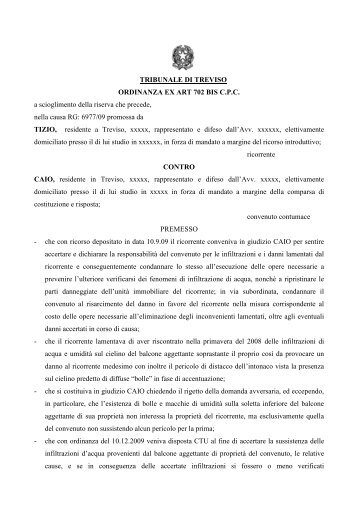 Ordinanza 702 bis c.p.c. Tribunale di Treviso - Foro Immobiliare