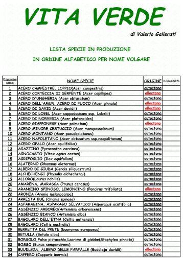 Lista produzione - piante autoctone