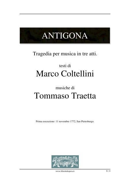 ANTIGONA Marco Coltellini Tommaso Traetta - Libretti d'opera italiani