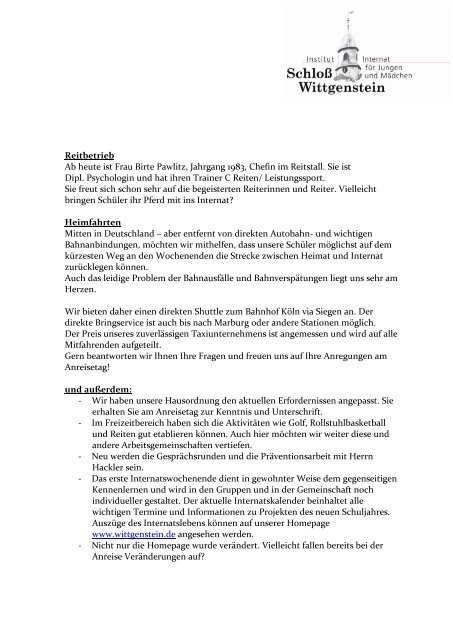 Elternbrief Sommer 2011 - Internat Schloß Wittgenstein