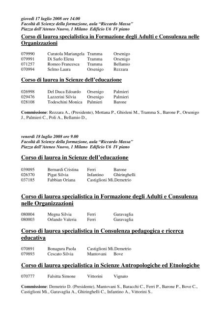 Calendario delle tesi di laurea Corso di laurea specialistica in ...