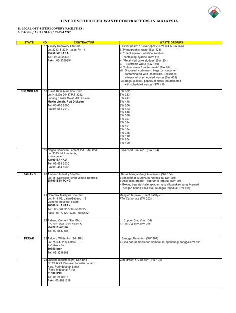 LIST OF SCHEDULED WASTE CONTRACTORS IN MALAYSIA