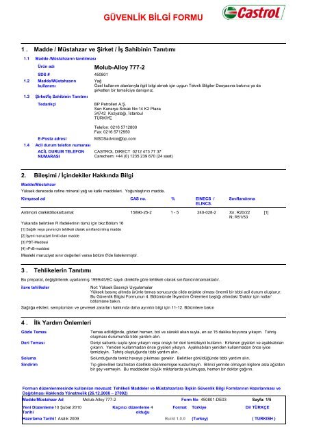 GÜVENLİK BİLGİ FORMU - BP - PDS & MSDS Search