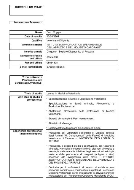 curriculum vitae - Istituto Zooprofilattico Sperimentale dell'Abruzzo e ...