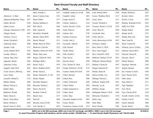 Saint Vincent Faculty and Staff Directory Saint Vincent College