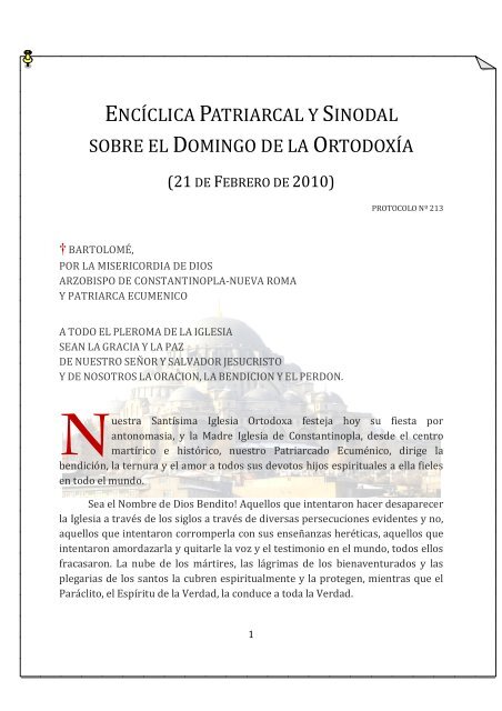 encíclica patriarcal y sinodal sobre el domingo de la ... - Ecclesia