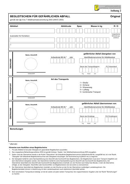 Anhang 2 BEGLEITSCHEIN FÜR GEFÄHRLICHEN ABFALL Original