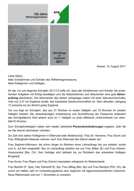 Schulleitungsbrief vom 14. August 2011 - Wilhelmsgymnasium