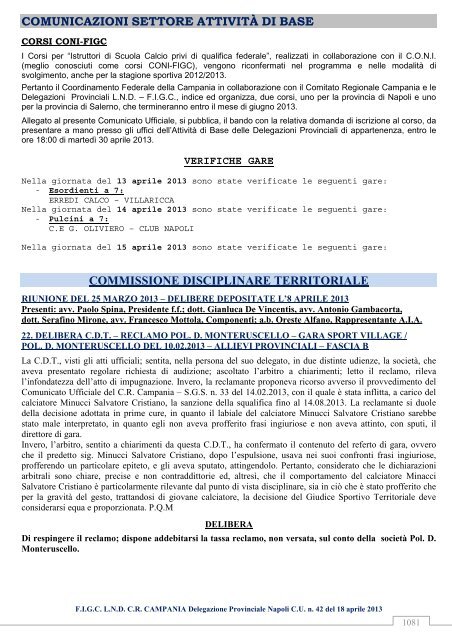 Comunicato Ufficiale n. 42 del 18 aprile 2013 - FIGC-Napoli