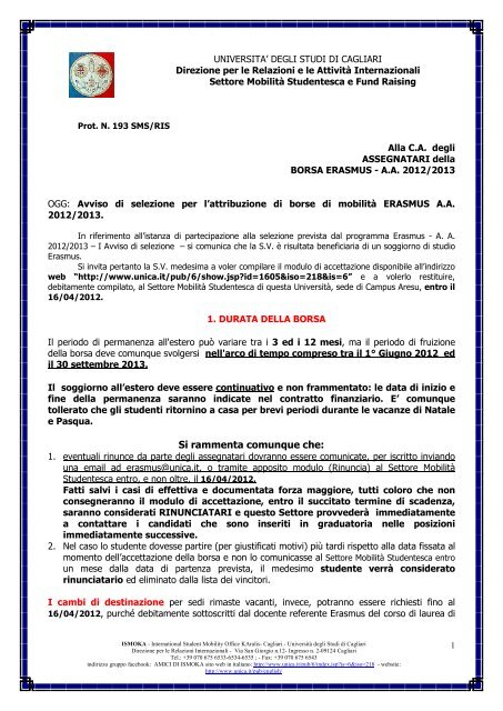 Comunicazione di vincita 12-13 - Università degli studi di Cagliari.