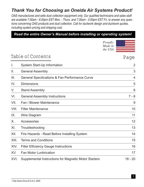 Owner's Manual - Oneida Air Systems