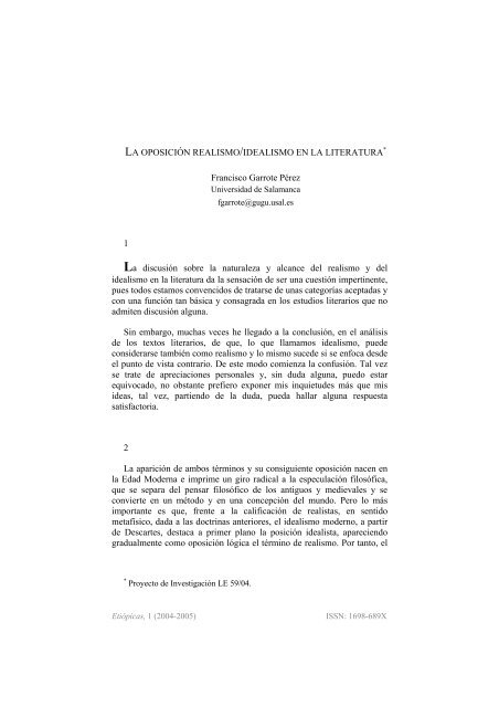 LA OPOSICIÓN REALISMO/IDEALISMO EN LA LITERATURA ...