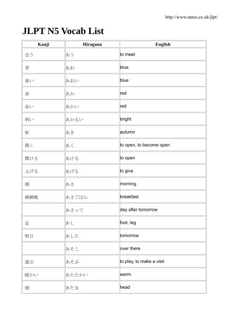 JLPT N5 Vocab List   Weinham.com