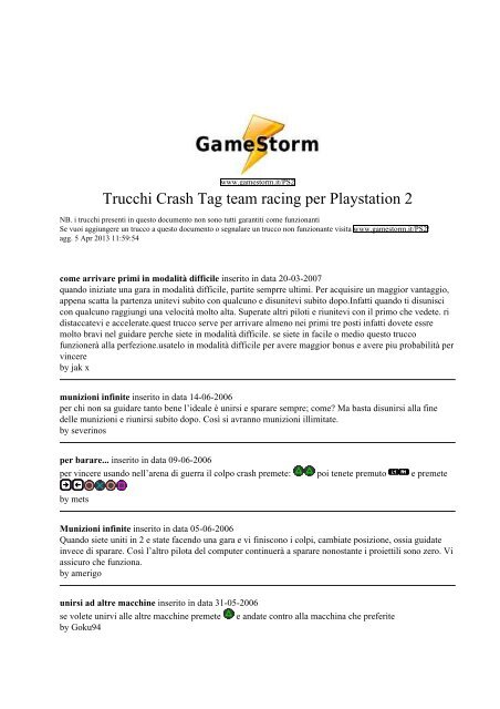 Trucchi Crash Tag team racing per Playstation 2 - GameStorm.it