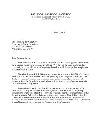 Letter from U.S. Senator Harrison A. Williams, Jr. to SEC Chairman ...