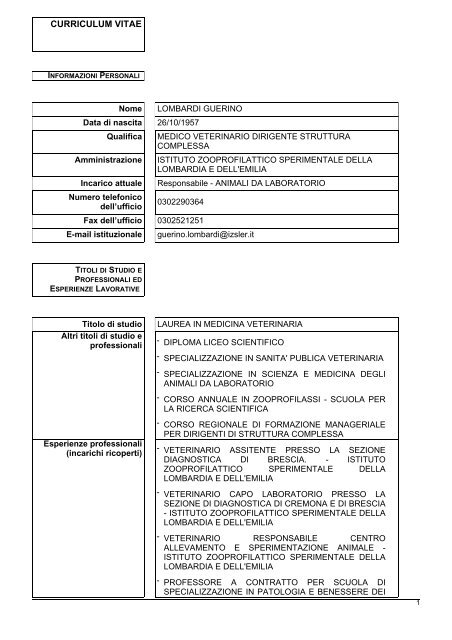 CV - IZS della Lombardia e dell'Emilia Romagna