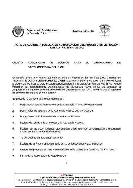 ACTA DE AUDIENCIA PÚBLICA DE ADJUDICACIÓN DEL ...