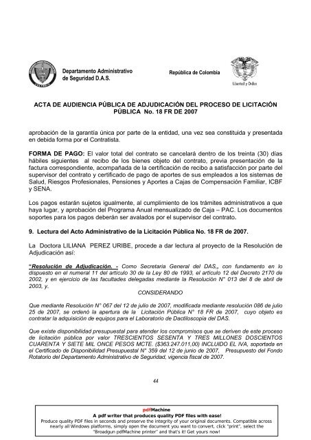 ACTA DE AUDIENCIA PÚBLICA DE ADJUDICACIÓN DEL ...