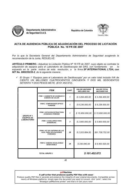 ACTA DE AUDIENCIA PÚBLICA DE ADJUDICACIÓN DEL ...