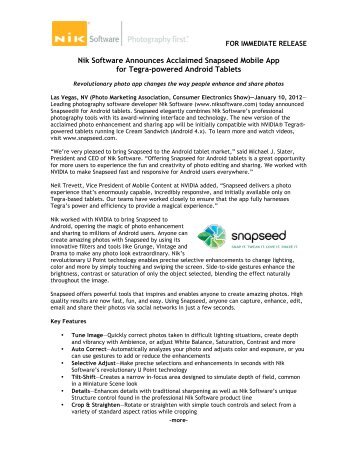 Snapseed For Android Tablets Press Release - Nik Software