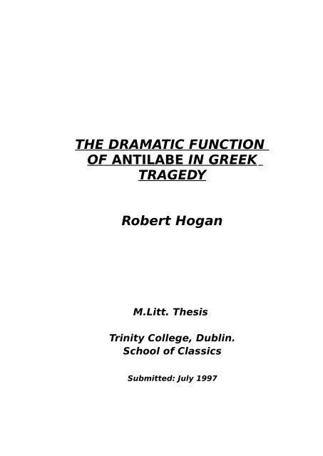 Dramatic Function of Antilabe in Greek Tragedy - Robert Hogan