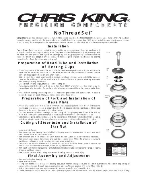 Headset Bearing Size Chart