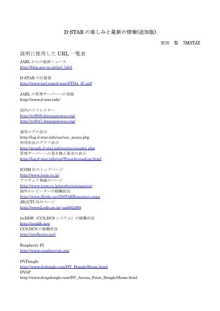 D-STAR の楽しみと最新の情報(追加版) 説明に使用した URL 一覧表