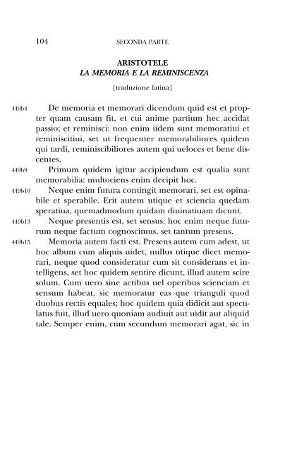 La Sentenza sulla memoria e la reminiscenza di Aristotele