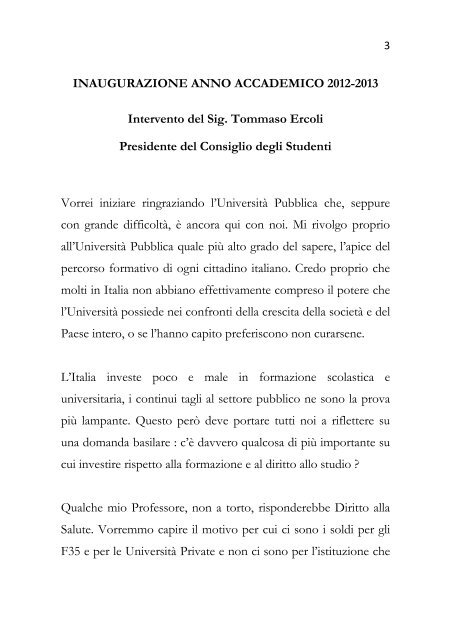 intervento del rappresentante degli studenti, Tommaso Ercoli