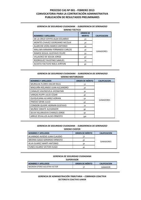 proceso cas nº 001 - febrero 2013 convocatoria para la contratación ...