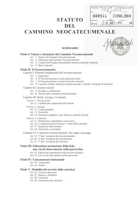 STATUTO DEL CAMMINO NEOCATECUMENALE Titolo I Natura e