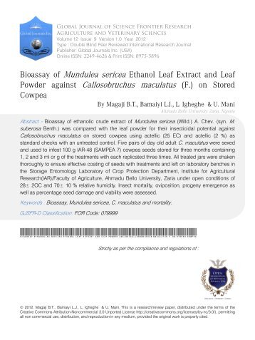 Bioassay of Mundulea sericea Ethanol Leaf Extract and Leaf ...