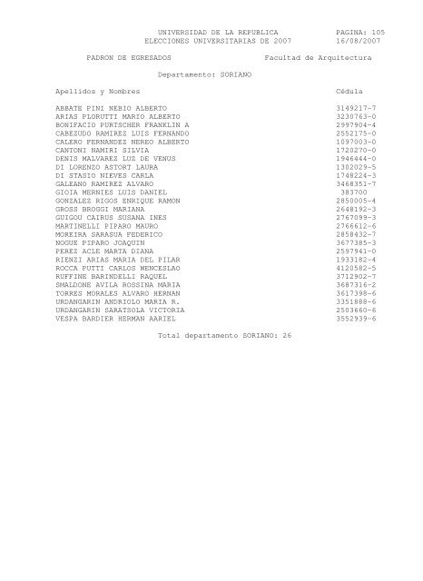 UNIVERSIDAD DE LA REPUBLICA PAGINA: 1 ELECCIONES ...