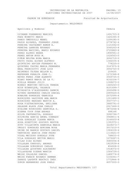 UNIVERSIDAD DE LA REPUBLICA PAGINA: 1 ELECCIONES ...