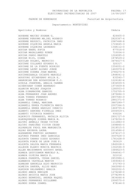 UNIVERSIDAD DE LA REPUBLICA PAGINA: 1 ELECCIONES ...