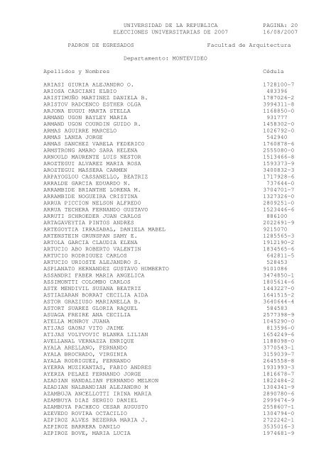 UNIVERSIDAD DE LA REPUBLICA PAGINA: 1 ELECCIONES ...