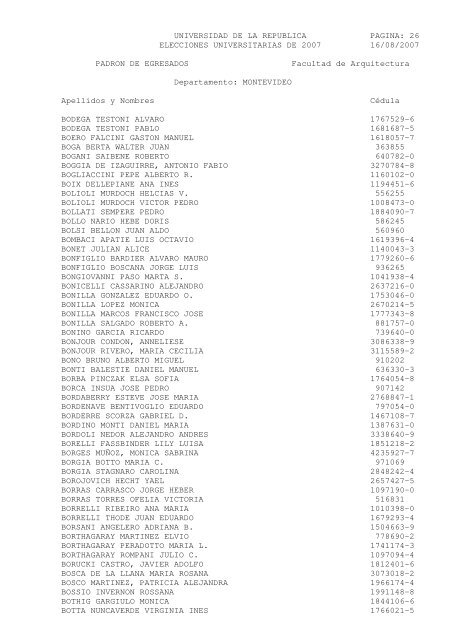 UNIVERSIDAD DE LA REPUBLICA PAGINA: 1 ELECCIONES ...