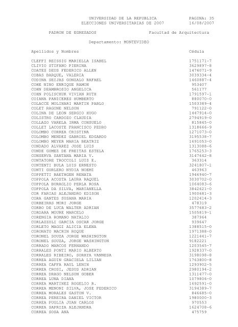 UNIVERSIDAD DE LA REPUBLICA PAGINA: 1 ELECCIONES ...