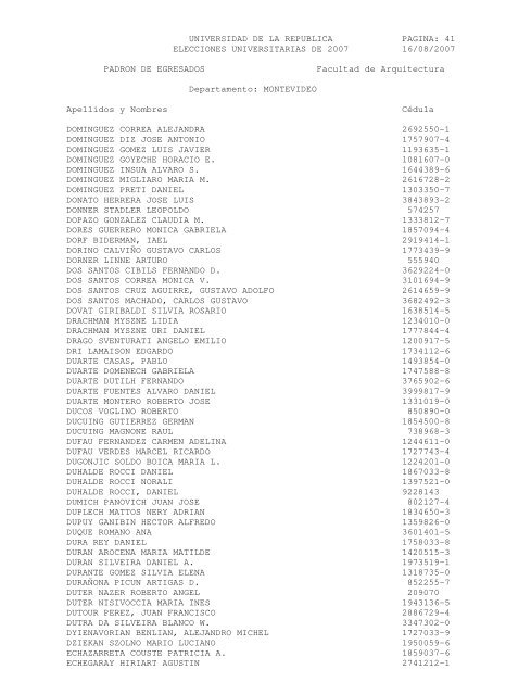 UNIVERSIDAD DE LA REPUBLICA PAGINA: 1 ELECCIONES ...