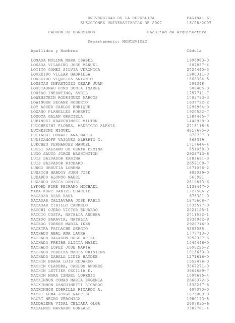 UNIVERSIDAD DE LA REPUBLICA PAGINA: 1 ELECCIONES ...