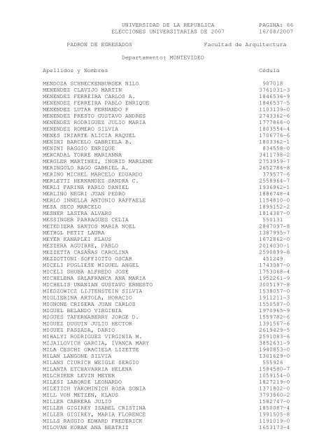 UNIVERSIDAD DE LA REPUBLICA PAGINA: 1 ELECCIONES ...