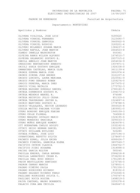 UNIVERSIDAD DE LA REPUBLICA PAGINA: 1 ELECCIONES ...