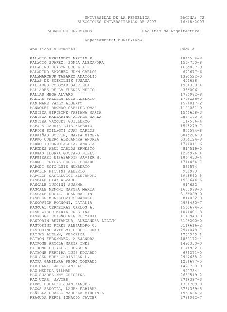 UNIVERSIDAD DE LA REPUBLICA PAGINA: 1 ELECCIONES ...