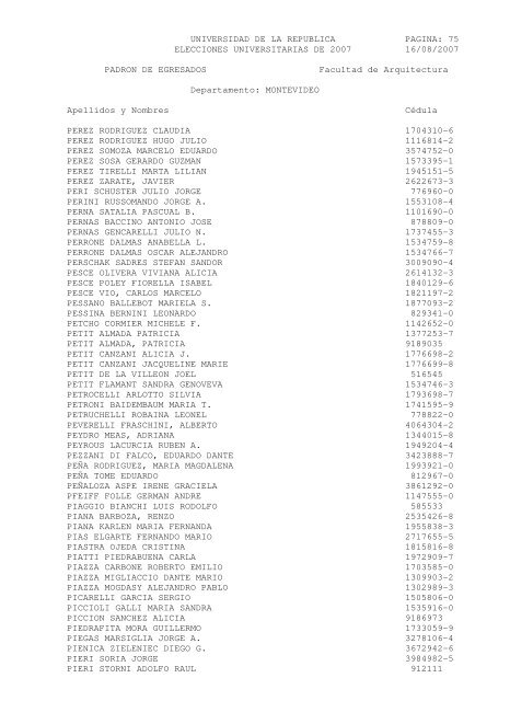 UNIVERSIDAD DE LA REPUBLICA PAGINA: 1 ELECCIONES ...