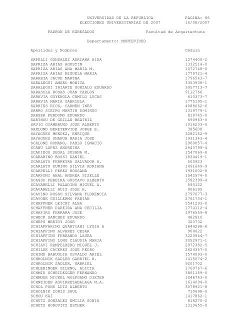 UNIVERSIDAD DE LA REPUBLICA PAGINA: 1 ELECCIONES ...