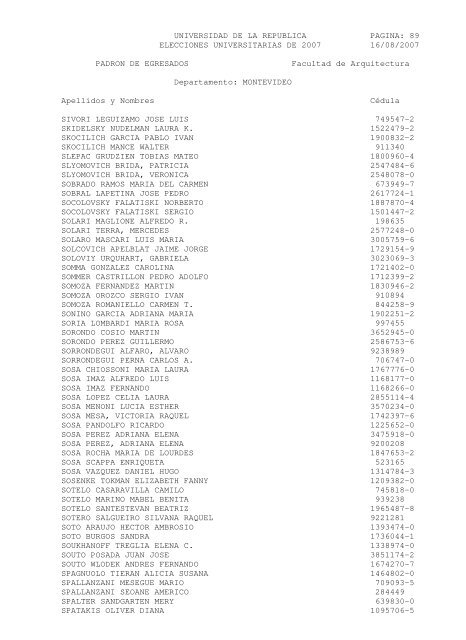 UNIVERSIDAD DE LA REPUBLICA PAGINA: 1 ELECCIONES ...