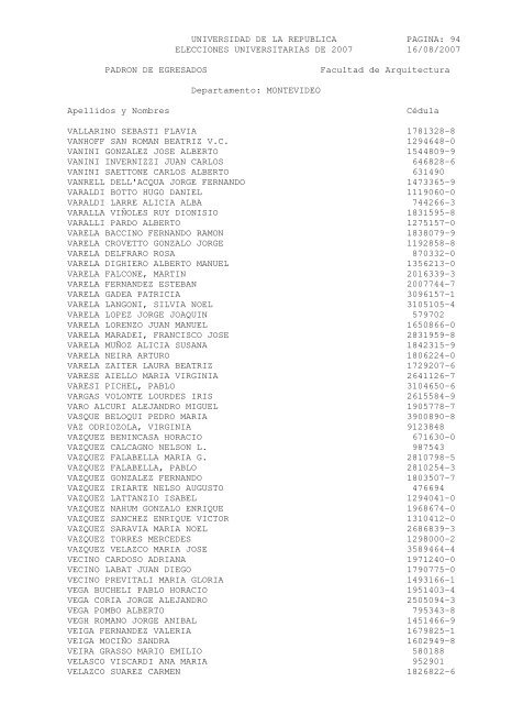 UNIVERSIDAD DE LA REPUBLICA PAGINA: 1 ELECCIONES ...