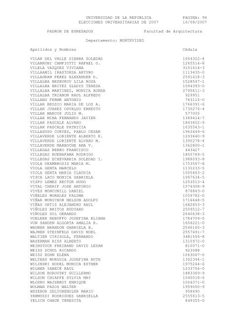 UNIVERSIDAD DE LA REPUBLICA PAGINA: 1 ELECCIONES ...