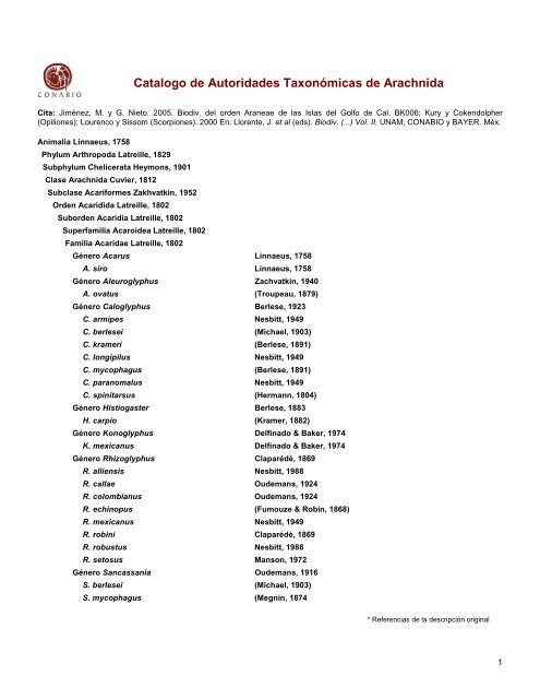 Catalogo de Autoridades Taxonómicas de Arachnida - Conabio